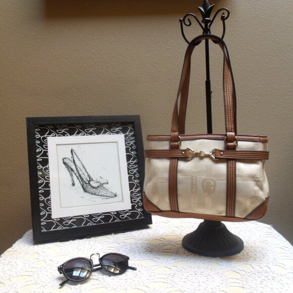 Etienne Aigner Handbags - Vintage Etienne Aigner Mini Beige Fabric Faux Leather Trimmed Satchel